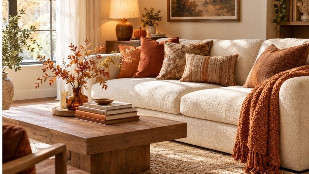 Fall living room decor ideas with rust pillows and warm lamp light