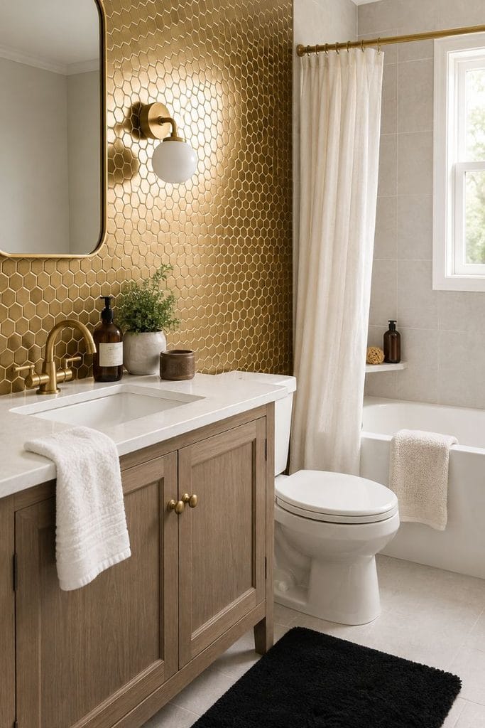 Black and gold bathroom decor with peel and stick gold hexagon tile