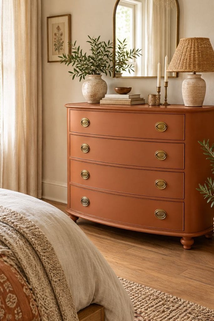 Painted dresser ideas with terracotta clay finish in a boho bedroom