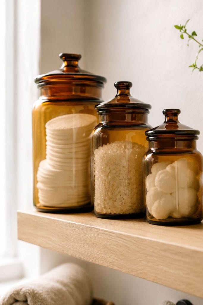 Bathroom shelf decor with amber glass apothecary jars in a row