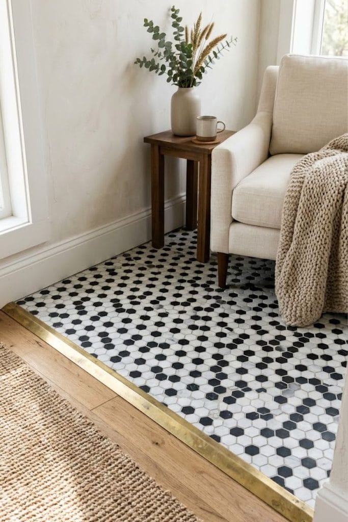Black and gold bathroom decor hexagon tile floor with brass trim