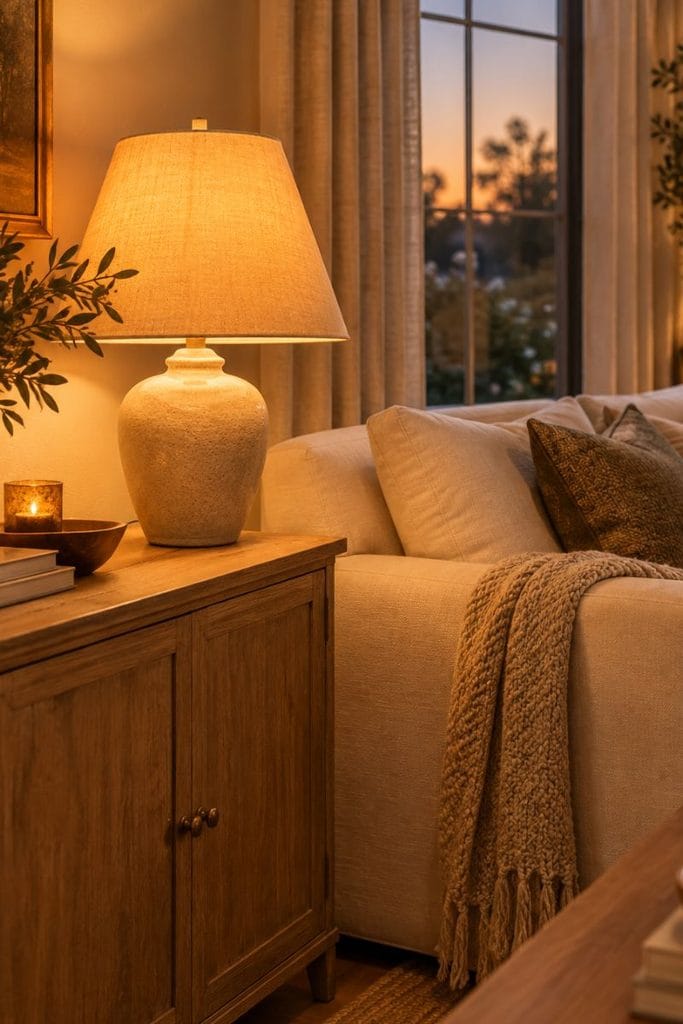 Warm 2700K lamp lighting for cozy fall living room decor ideas