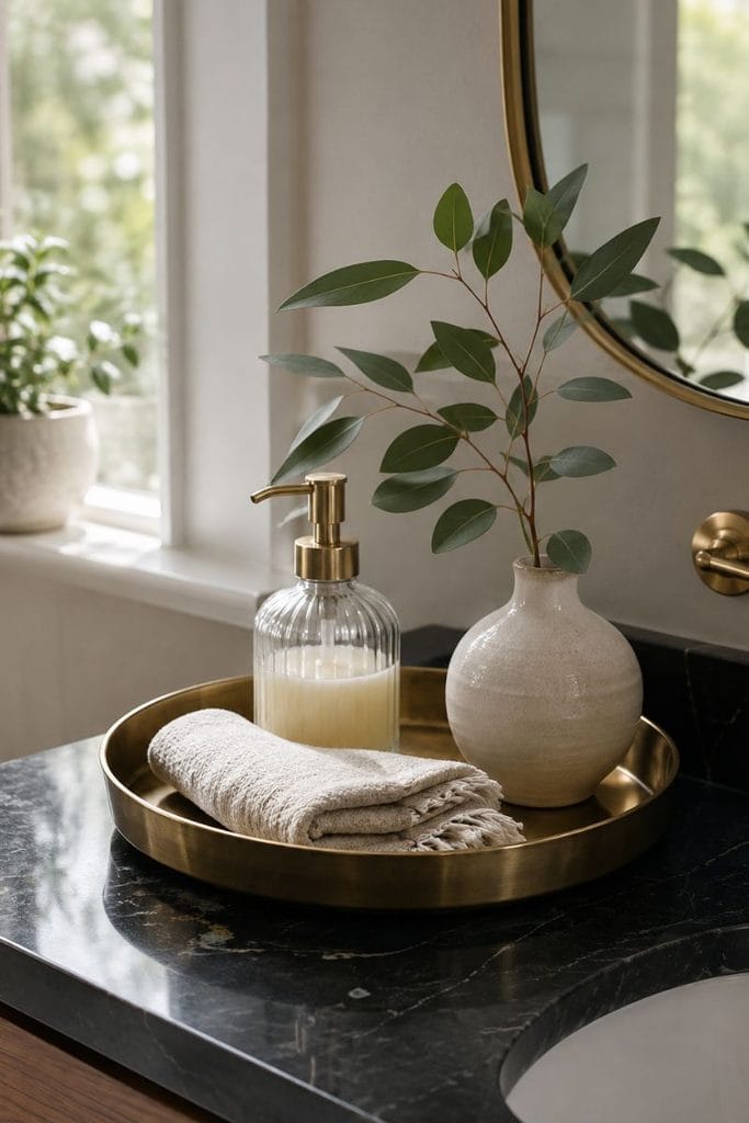 Black and gold bathroom decor styled tray on black bathroom counter