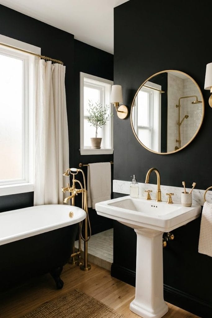 Black and gold bathroom decor color scheme with balanced warm accents