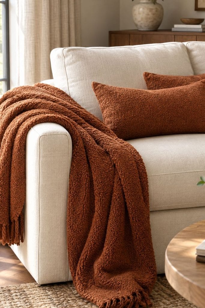  Rust boucle throw idea for cozy fall living room decor