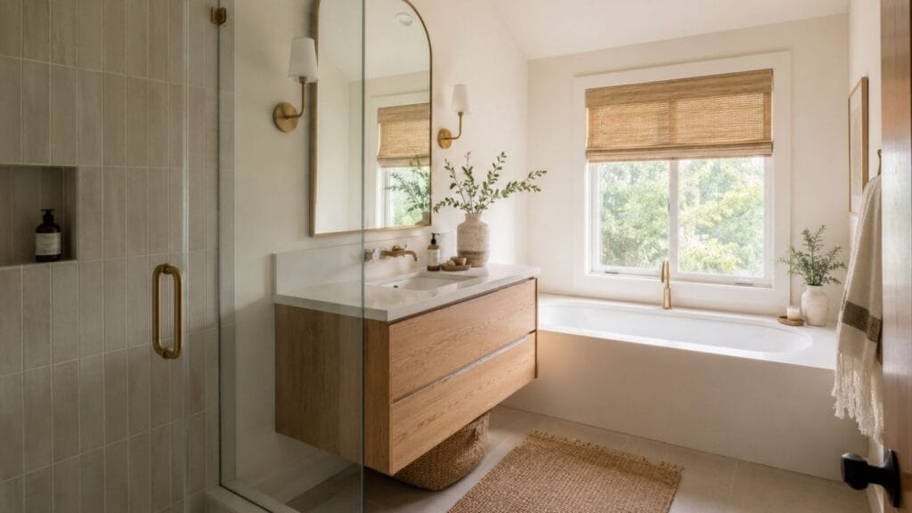 Tiny full bathroom ideas with soaking tub and oak vanity