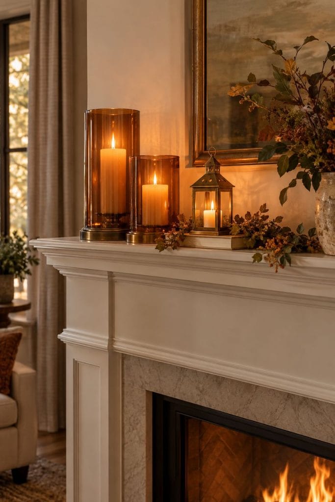  Amber glass mantel lighting for fall living room decor ideas
