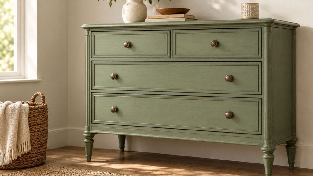 Painted dresser ideas featuring a sage green bedroom dresser