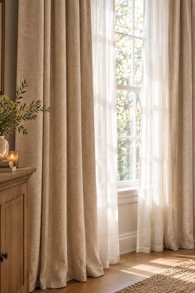  Heavier linen curtains for cozy fall living room decor ideas