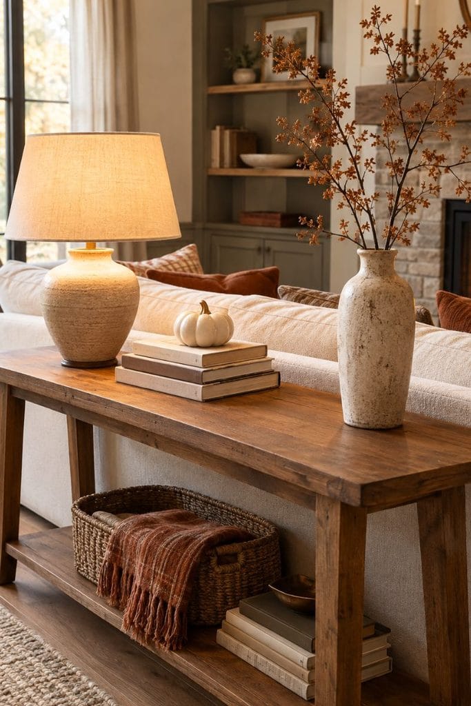 Console table vignette idea for fall living room decor