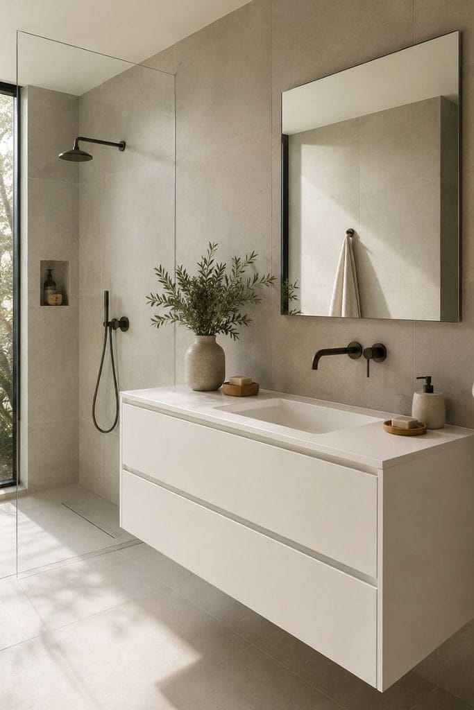 Tiny full bathroom layout with corner tub and pocket door