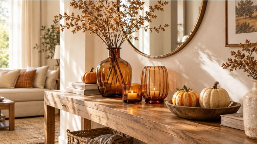 Warm fall decor ideas styled on a console table with pumpkins and branches