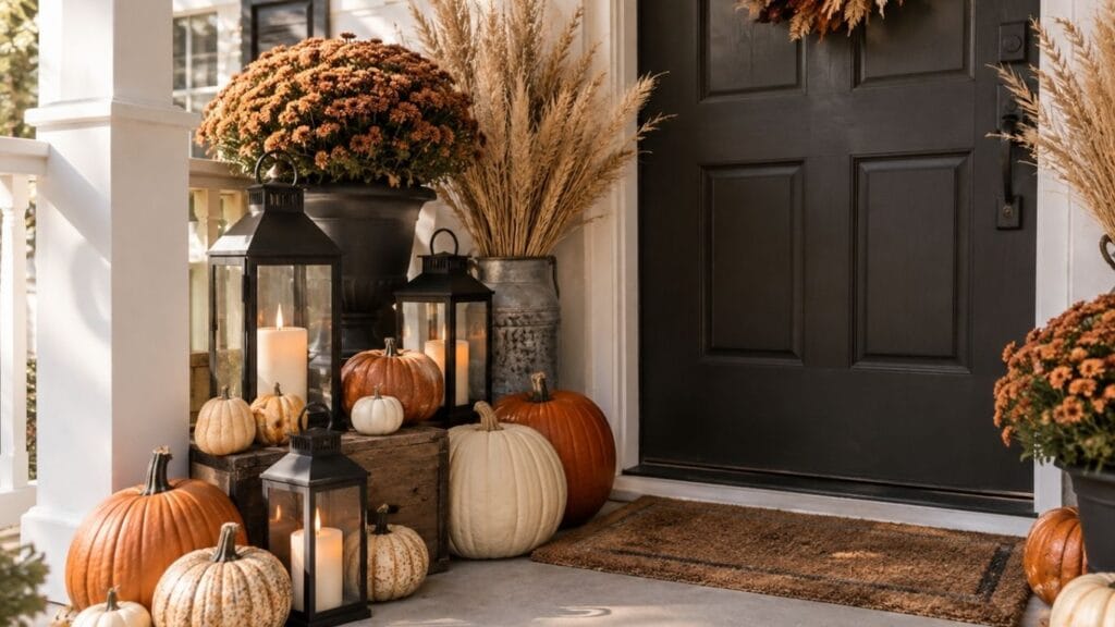 Cozy porch styled with DIY Halloween decorations and pumpkins