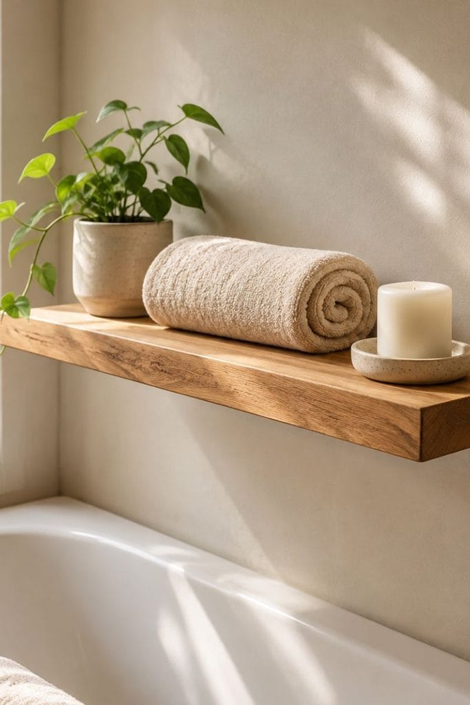 Floating oak shelf bathroom decor idea styled above a bathtub