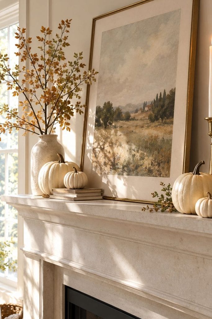 Layered mantel styled with fall decor ideas including pumpkins and candles