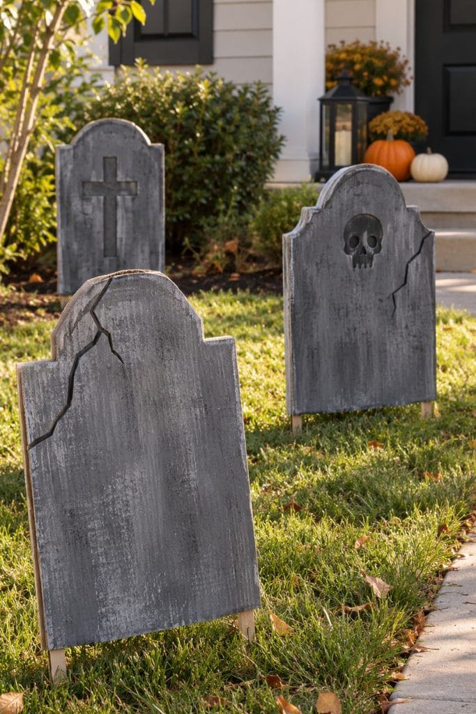 Gray cardboard tombstones as easy DIY Halloween decorations
