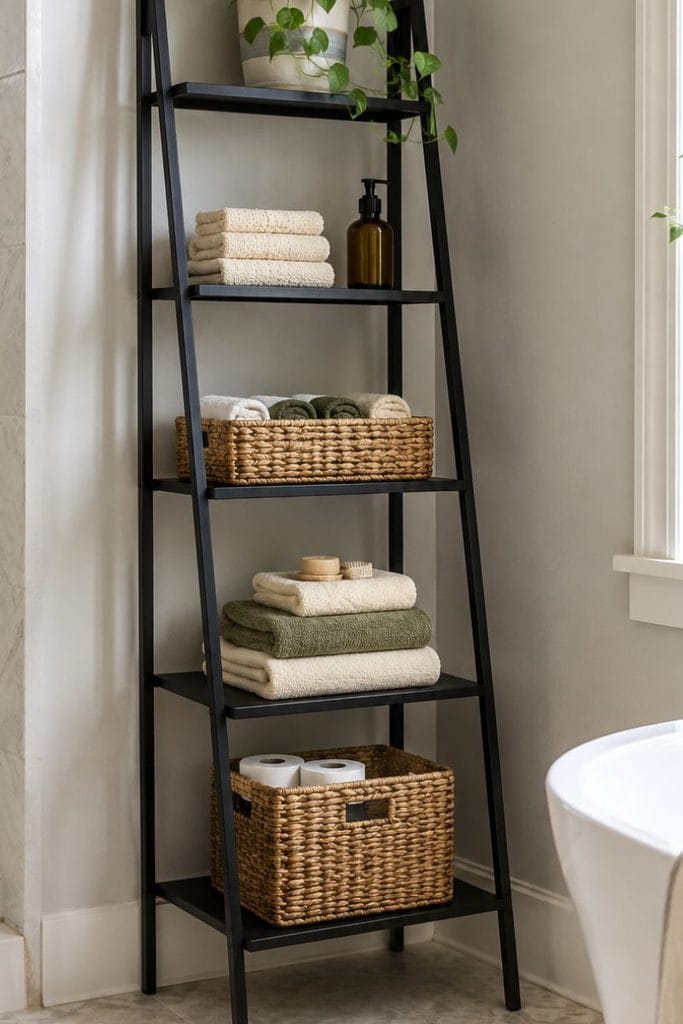 Ladder shelf bathroom shelf decor idea styled in a corner nook