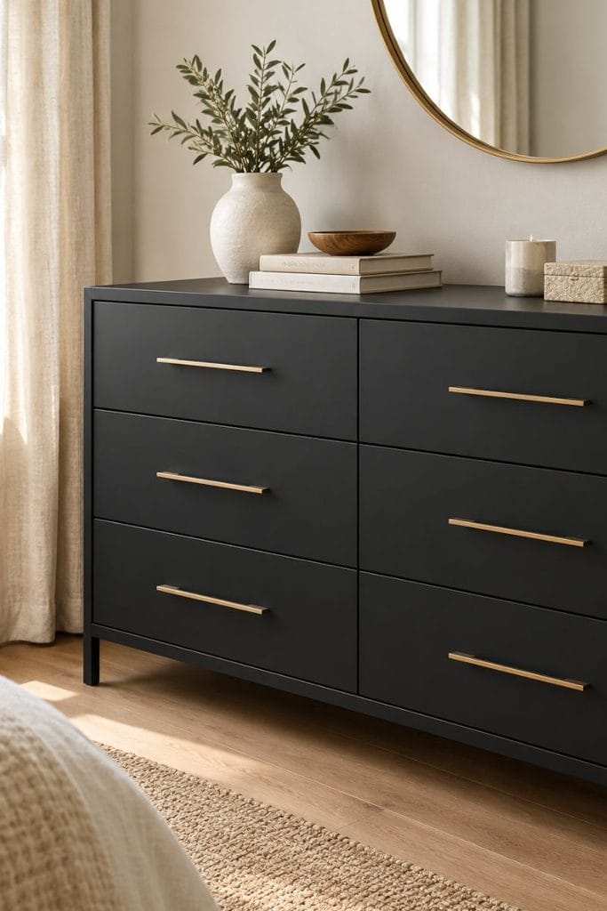 Painted dresser ideas showing a matte black dresser with gold pulls