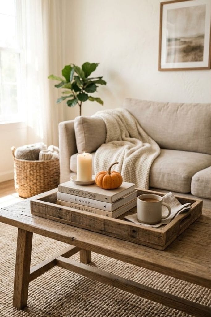 Coffee table styled with fall decor ideas including a pumpkin and candle
