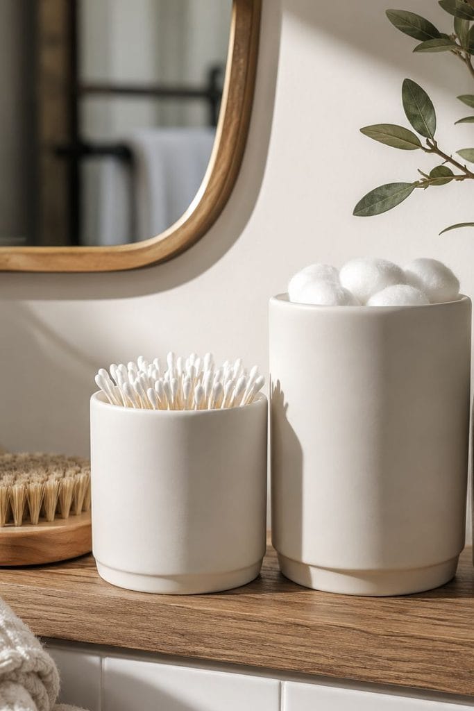 Bathroom shelf decor idea with matching white ceramic canisters
