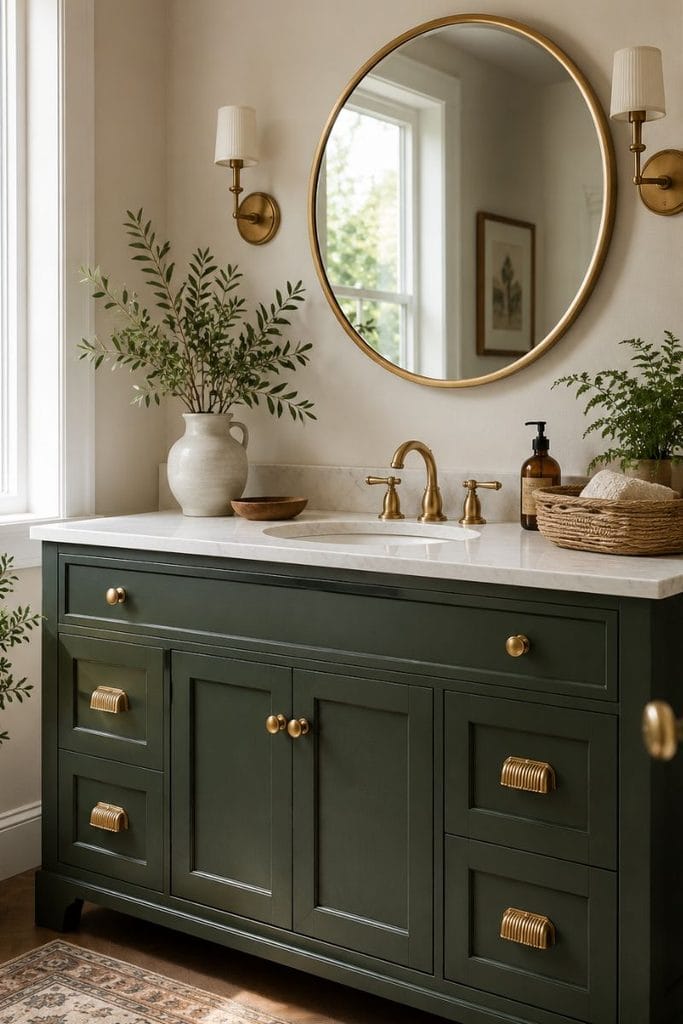 DIY tiny full bathroom idea with painted green vanity