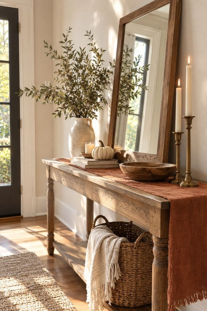  Entryway styled with budget fall decor ideas and a linen runner
