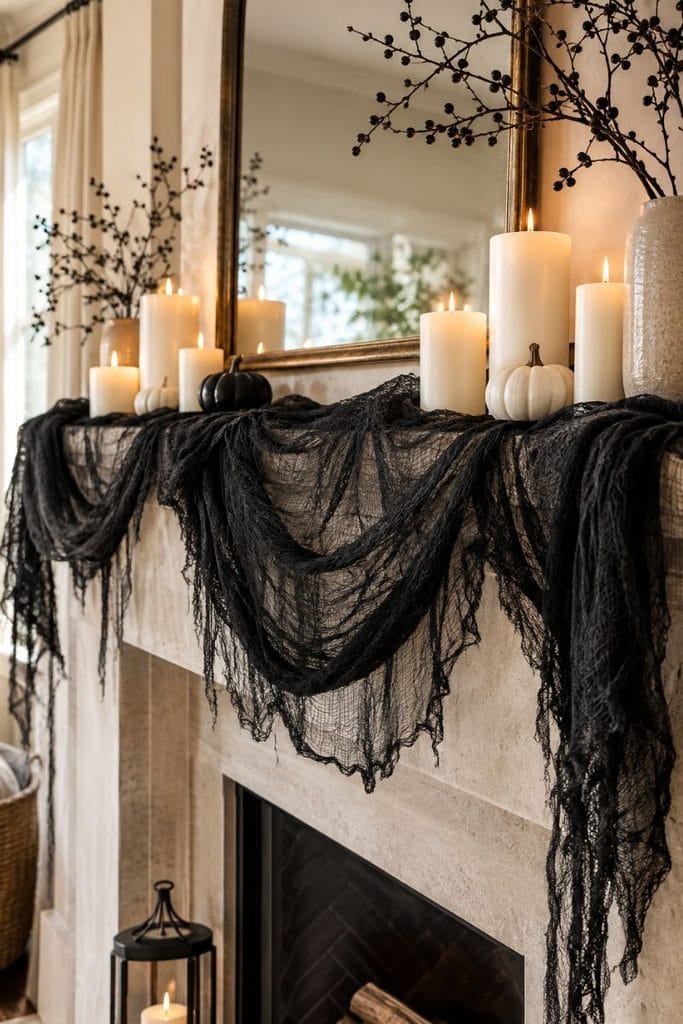 Black cheesecloth mantel garland, an easy halloween diy decorations idea