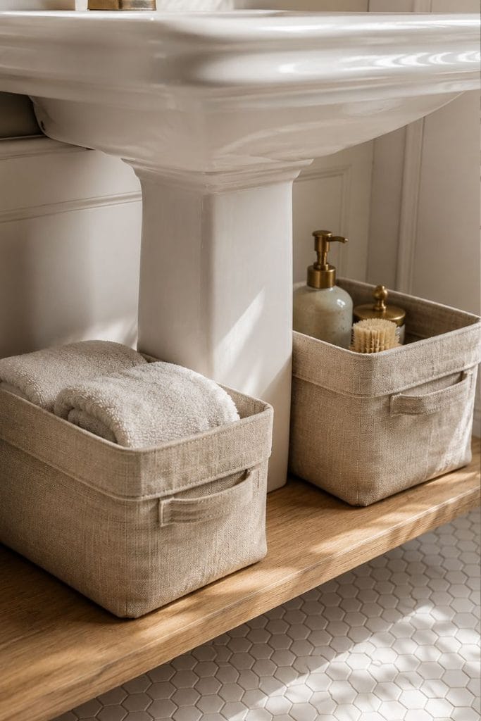 Bathroom shelf decor idea with linen baskets under a sink shelf