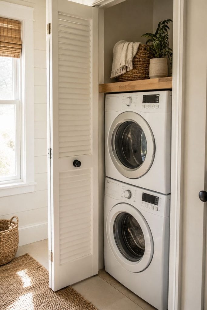 Tiny full bathroom idea with stacked laundry unit