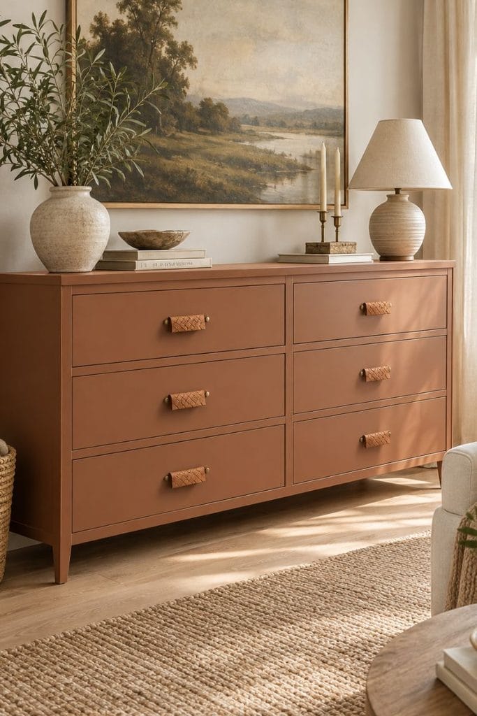 Painted dresser ideas with warm clay finish in a boho living room