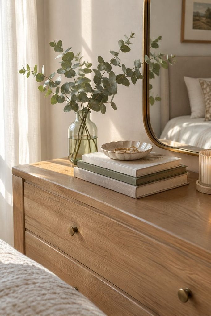  Bookshelf styled with fall decor ideas including amber glass and branches