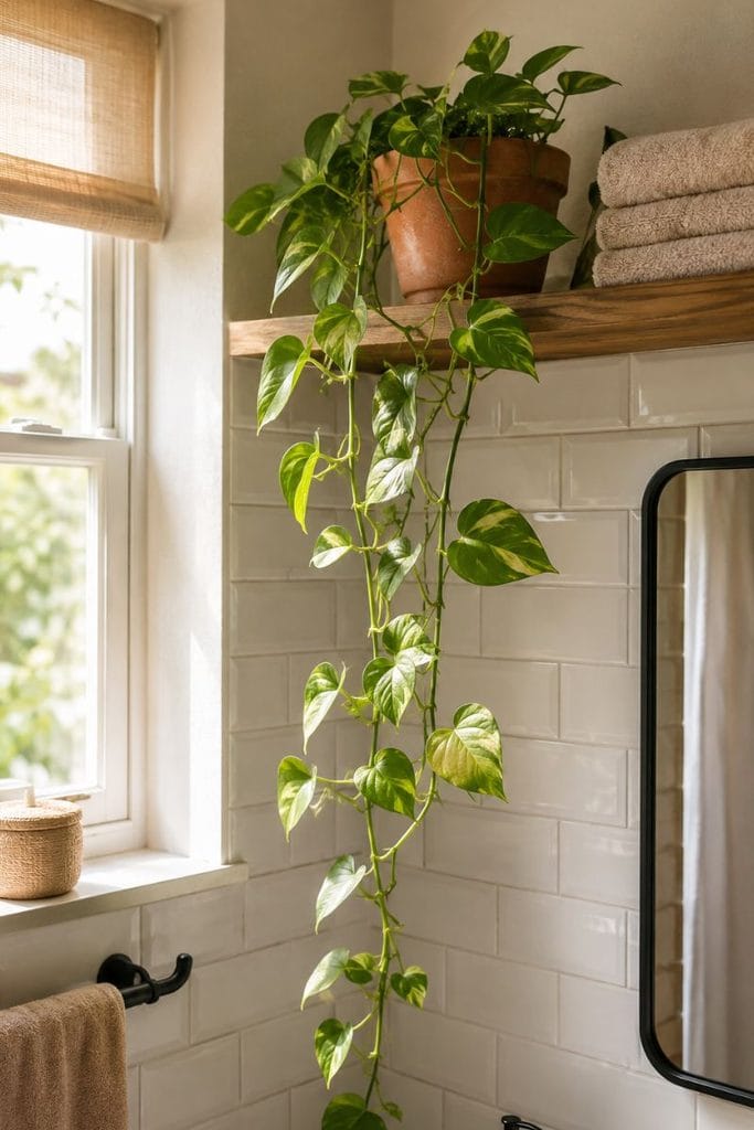 bathroom shelf decor idea with a trailing pothos plant in terra cotta