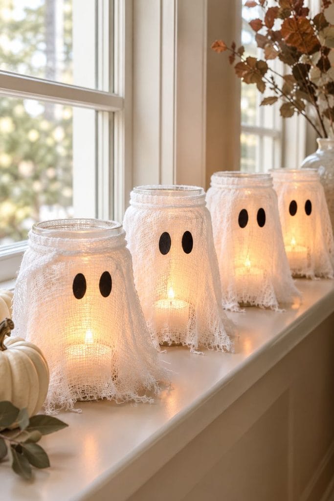  Mason jar ghost lanterns, a simple halloween decorations diy idea