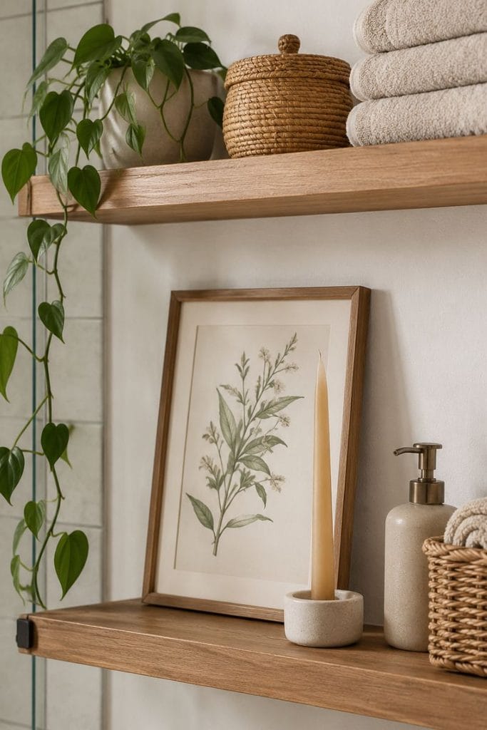  Bathroom shelf decor idea with a framed botanical print and candle