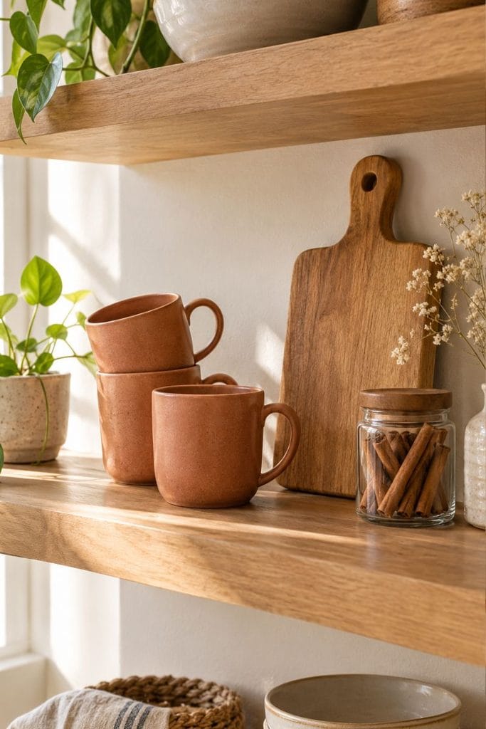  Kitchen open shelf styled with warm fall decor ideas and terracotta mugs