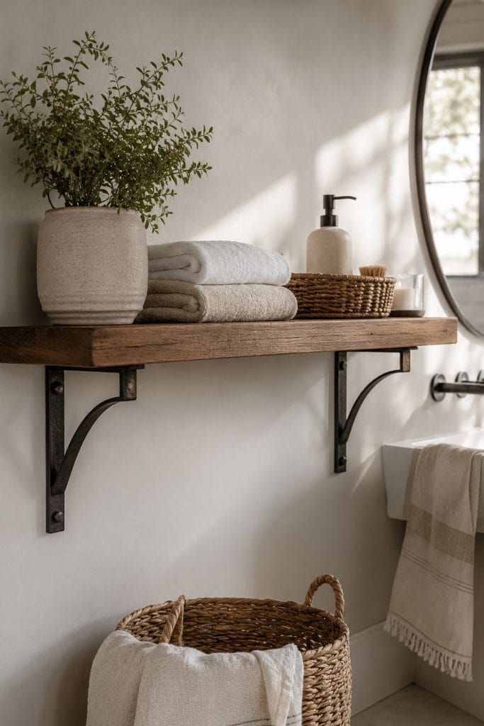Bathroom shelf decor idea with matte black iron shelf brackets