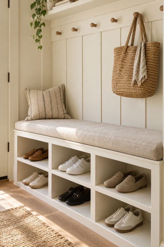 White entry bench with six cubbies, a cozy shoe storage ideas closet entrance idea