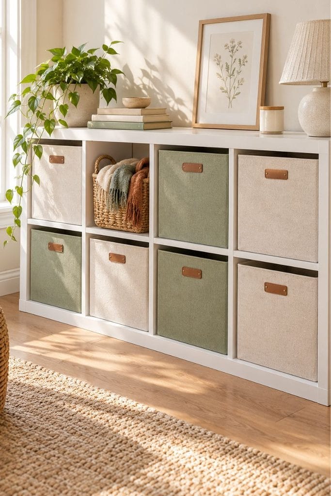 White cube shelf with sage canvas bins, one of the easiest toy storage ideas