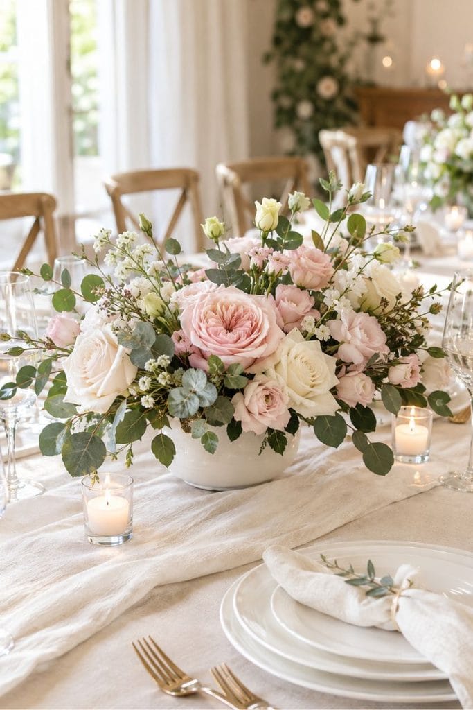 Blush wedding table decor with ivory flowers, eucalyptus, candles, and linen runner