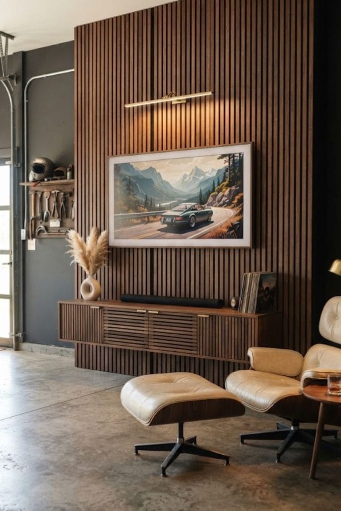 Walnut media wall for man cave garage ideas with a large TV and floating storage