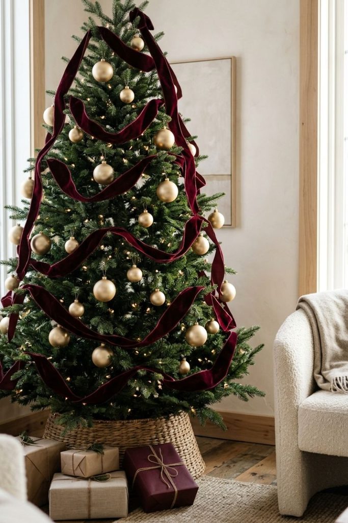  Christmas tree decor with burgundy velvet ribbon swags and matte gold ornaments
