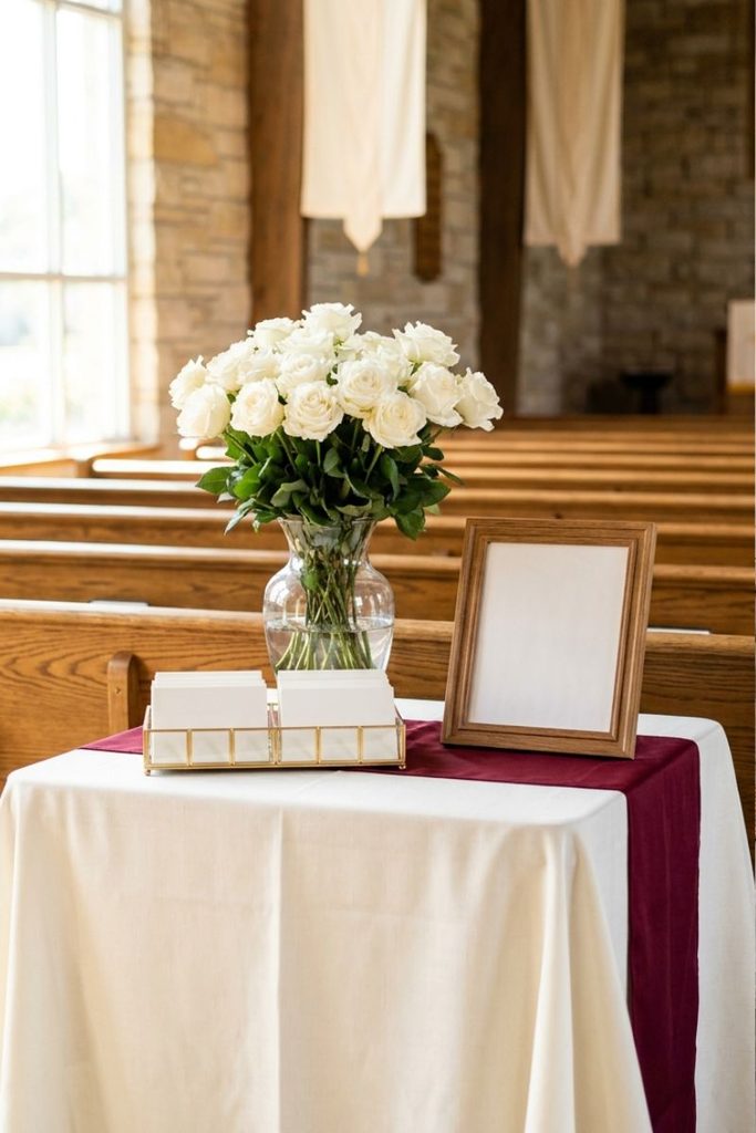  Table Pastor day decorations ideas featuring an ivory welcome table, burgundy runner, and white roses.