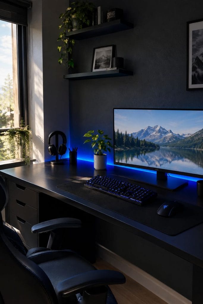  Game room LED lighting with a cobalt blue strip glowing behind a black desk