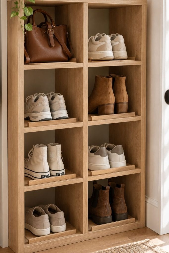 White oak cube shelves with one pair per cube, a shoe storage ideas closet ikea idea
