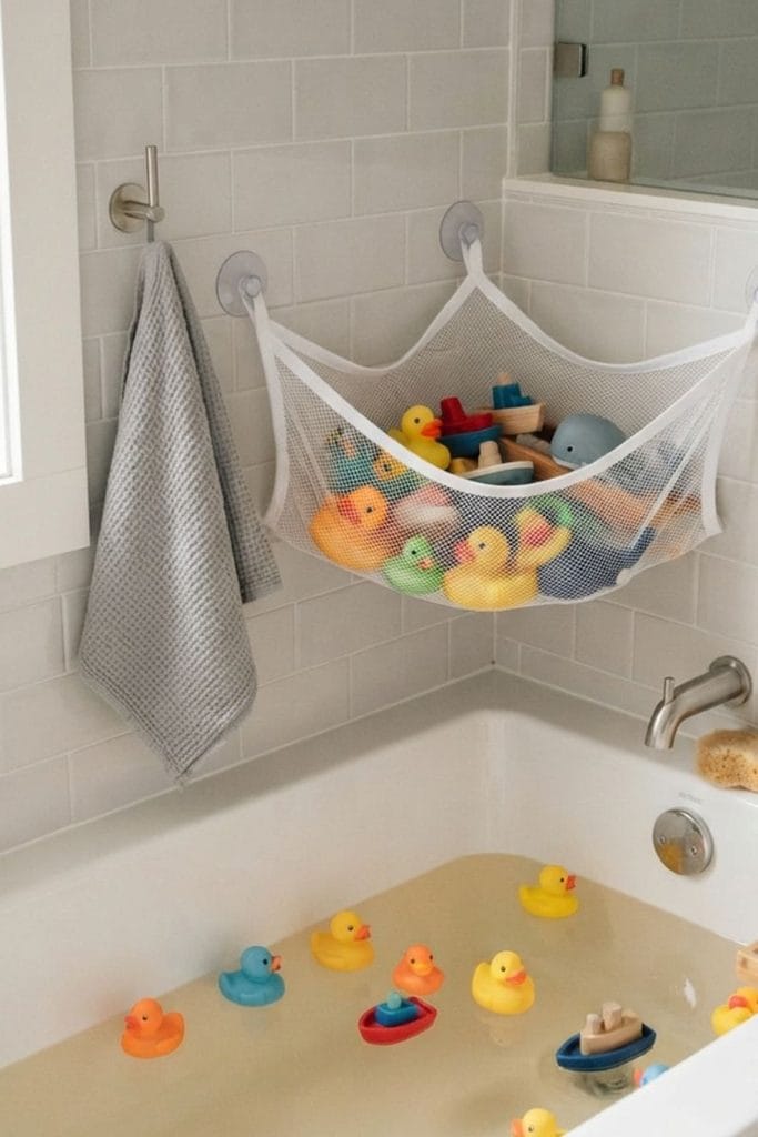 White mesh net holding bath toys above a tub, bathroom toy storage ideas