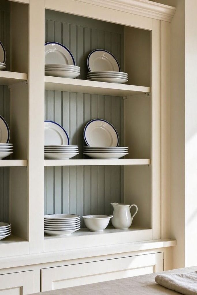 Built in china cabinet with gray-green beadboard back panel and blue-rimmed white plates
