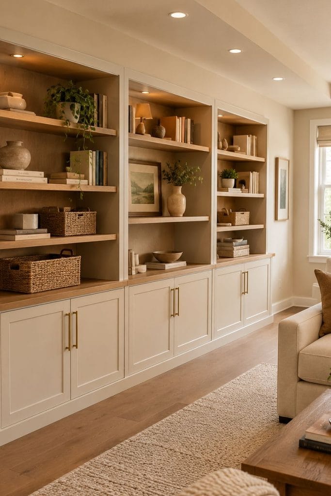 Basement living room ideas with long built-in storage cabinets and open shelving