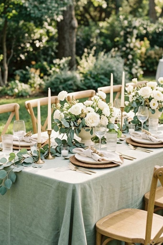 Garden wedding table decor with sage linen, white flowers, rattan chargers, and brass candles