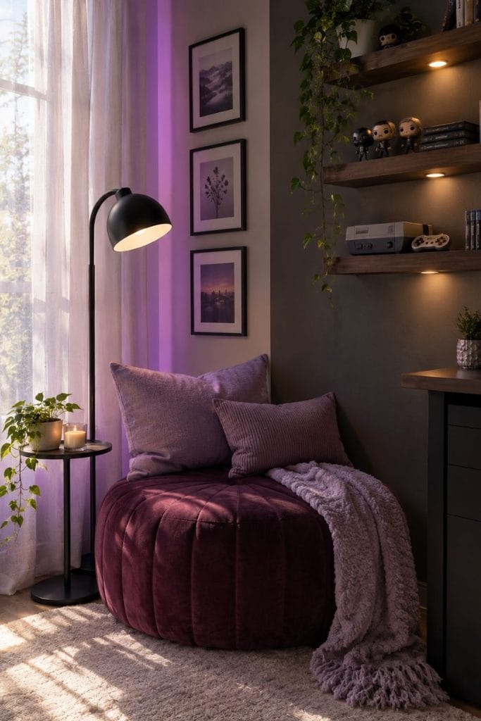 Plum velvet pouf and lavender pillows in a purple game room corner
