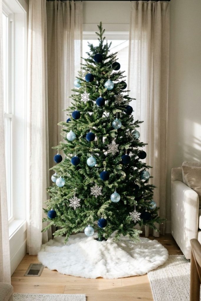  Navy and silver winter Christmas tree decorating idea beside a window with sheer curtains